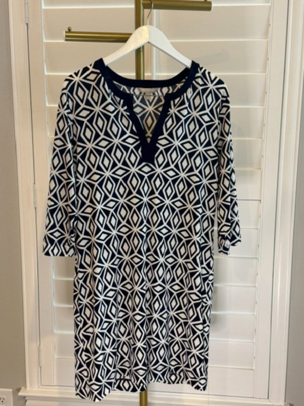 Banana Republic L Navy White Geometric Print Shift Dress 3/4 Sleeve